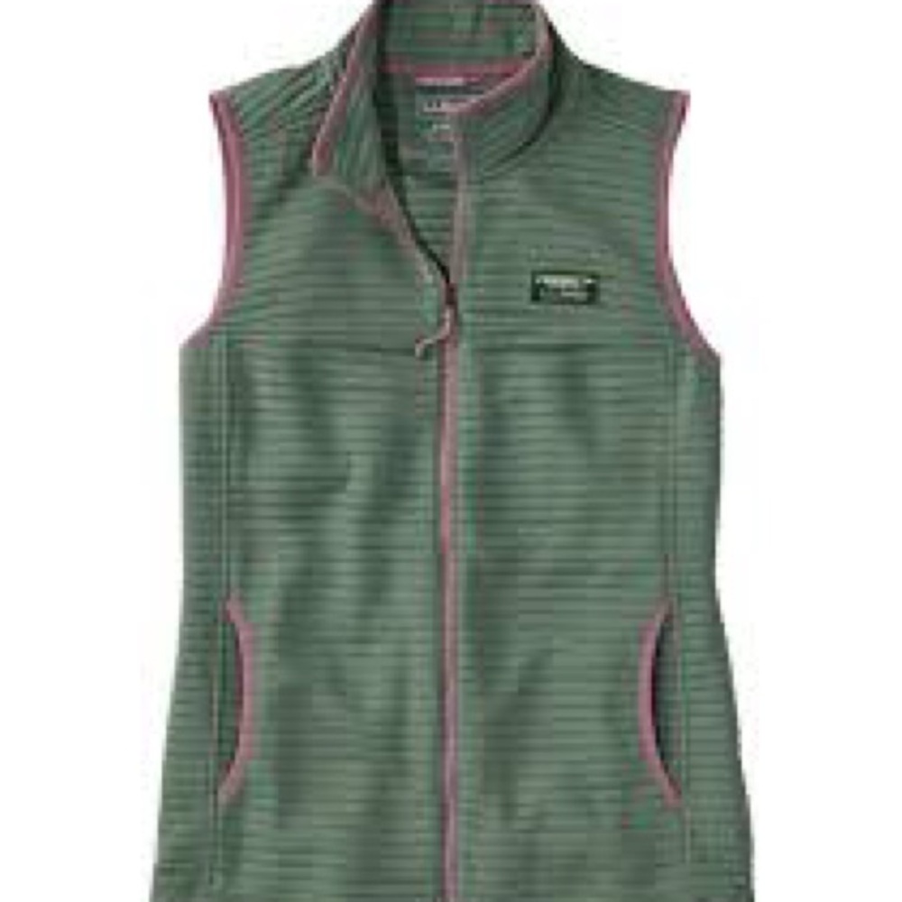 L.L. Bean Green Striped Fleece Vest with Pink Trim